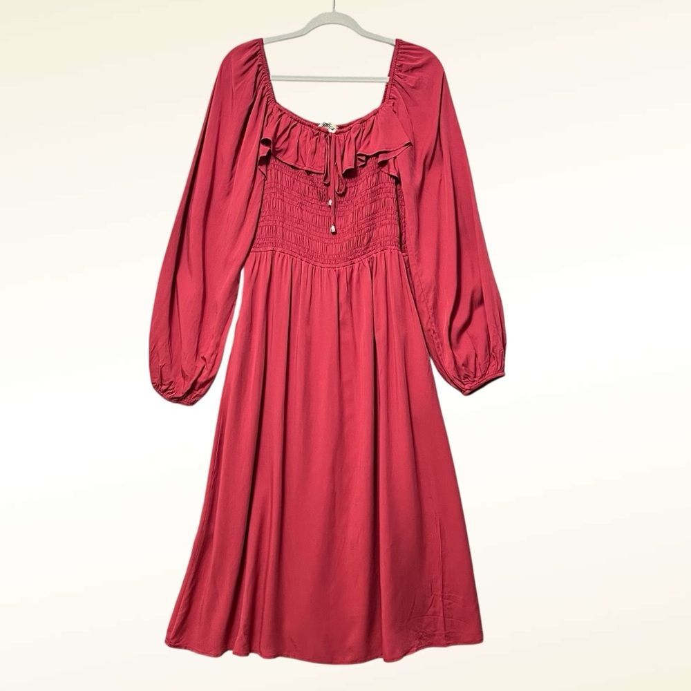 Haptics Smocked Long Sleeve Dress NWT Medium Dark Red Boho Balloon Sleeve